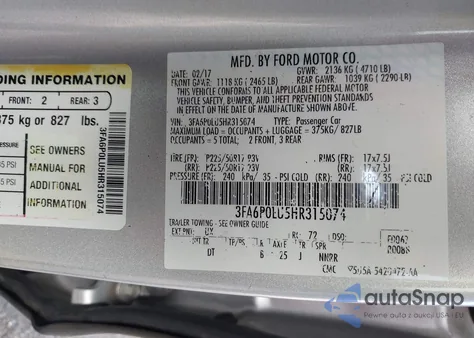 2017 Ford Fusion Hybrid Se z USA, uszkodzony, nr VIN 3FA6P0LU5HR315074